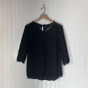 Talbots Woman 16W Black Lace 3/4 Sleeve Top Lined Sheer Overlay Romantic Chic